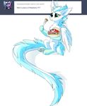  2015 ambiguous_gender ask_blog asphagnum blue_hair claws dragon english_text feathers feral food fur furred_dragon green_eyes hair mammal official_art patch_(character) paws pie text tumblr white_fur wings 