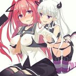  2girls artist_request blush breasts erect_nipples horns large_breasts multiple_girls naruse_maria naruse_mio purple_eyes red_hair shinmai_maou_no_testament simple_background white_hair yuri 