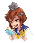  bangs brown_hair collarbone dress food hair_ornament kantai_collection open_mouth orange_eyes popsicle popsicle_stick sailor_dress short_hair solo upper_body watanore yukikaze_(kantai_collection) 