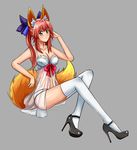  animal_ears asortofcolorfag bare_shoulders blush bow bra breasts cleavage collarbone fate/extra fate_(series) fox_ears fox_tail grey_background hair_bow hair_ribbon hand_in_hair large_breasts looking_at_viewer panties pink_hair ribbon simple_background sitting solo strappy_heels tail tamamo_(fate)_(all) tamamo_no_mae_(fate) thighhighs twintails underwear underwear_only white_bra white_legwear white_panties yellow_eyes 