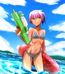  bikini blue_sky breasts cleavage cloud collarbone day dazzle_paint didloaded green_eyes innertube kantai_collection looking_at_viewer mountain navel outdoors pink_hair shiranui_(kantai_collection) sky small_breasts solo standing swimsuit twitter_username wading water_gun 