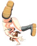  bad_id bad_twitter_id bikini boots breasts brown_hair glasses knife knife_in_mouth large_breasts oono_tsutomu original solo swimsuit twintails upside-down 