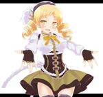  :d bad_id bad_pixiv_id banned_artist blonde_hair blush breasts buckle corset covered_nipples drill_hair fingerless_gloves gloves hat highres large_breasts mahou_shoujo_madoka_magica misfit_funny open_mouth outstretched_arms smile solo thighhighs thighs tomoe_mami yellow_eyes zettai_ryouiki 