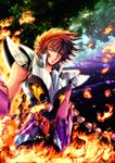  armor bad_id bad_pixiv_id brown_hair fire from_below green_eyes highres male_focus phoenix_ikki saint_seiya sky solo space star_(sky) starry_sky tsukasaki_ryouko 