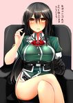  black_gloves black_hair black_skirt blush bow bowtie breasts chikuma_(kantai_collection) commentary_request crossed_legs elbow_gloves gloves highres kantai_collection large_breasts long_hair looking_at_viewer no_panties pelvic_curtain puffy_short_sleeves puffy_sleeves remodel_(kantai_collection) short_sleeves side_slit single_elbow_glove single_glove sitting skirt solo sweatdrop translation_request tsukui_kachou uniform yellow_eyes 