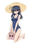  &gt;_&lt; :3 ahoge bare_legs bare_shoulders barefoot black_hair blue_swimsuit blush breasts brown_eyes cleavage closed_eyes collarbone full_body hat k2 kantai_collection kneeling large_breasts long_hair looking_at_viewer one-piece_swimsuit polka_dot polka_dot_swimsuit simple_background smile solo straw_hat swimsuit turret ushio_(kantai_collection) white_background 
