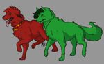 2015 ambiguous_gender bracelet canine collar dog duo facial_markings feral fur green_eyes green_fur green_hair grey_background hair jewelry mammal markings mutisija necklace open_mouth plain_background red_eyes red_fur red_hair teeth tongue tongue_out walking wolf 