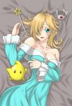  :d bare_shoulders blonde_hair blue_eyes breasts chiko_(mario) cleavage collarbone crown dress earrings hair_over_one_eye highres jewelry long_dress long_hair long_sleeves looking_at_viewer lying mario_(series) medium_breasts on_back open_mouth ozaneko rosetta_(mario) smile star star_earrings super_mario_bros. super_mario_galaxy wand 