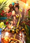  breasts brown_hair cleavage drink drinking_straw flower foocon green_eyes hair_ornament hairband highres ice large_breasts long_hair original oversized_object side_ponytail sitting solo string_bikini striped striped_legwear thighhighs wariza wings 