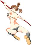  ass back bad_id bad_twitter_id bikini boots breasts brown_hair covered_nipples from_behind full_body glasses holding large_breasts looking_back oono_tsutomu original simple_background solo staff swimsuit twintails white_background 