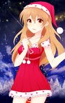  brown_eyes brown_hair dress golden_time hat highres kaga_kouko long_hair nikitan_(niki) santa_hat solo 