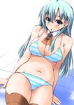  absurdres aqua_eyes aqua_hair ascot bikini breasts brown_legwear hair_ornament hairclip highres kantai_collection large_breasts long_hair open_mouth shadow shinshin sitting solo striped striped_bikini suzuya_(kantai_collection) swimsuit thighhighs 