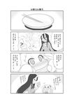  &gt;_&lt; 2girls 4koma :d =d ^_^ absurdres alternate_costume alternate_hairstyle battleship_hime blush breasts chopsticks cleavage cleavage_cutout closed_eyes comic commentary contemporary greyscale hair_between_eyes hair_ornament hair_ribbon highres horns japanese_clothes kantai_collection kimono kinako_(food) large_breasts long_hair meme_attire mittens monochrome multiple_girls northern_ocean_hime open-chest_sweater open_mouth ribbon scarf shinkaisei-kan smile squatting sweat sweater thumbs_up translated two_side_up waving_arms yamato_nadeshiko |_| 