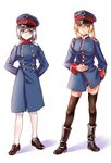  arms_behind_back blonde_hair blue_eyes boots buttons commentary germany green_eyes hat highres longmei_er_de_tuzi looking_at_viewer military military_uniform multiple_girls original peaked_cap shoes silver_hair skindentation smile standing thighhighs uniform world_war_i zettai_ryouiki 
