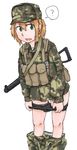  ? as_val assault_rifle bad_id bad_pixiv_id bike_shorts dutchko green_eyes gun hat highres load_bearing_vest looking_at_viewer military military_uniform open_mouth original ponytail rifle solo speech_bubble undressing uniform weapon 
