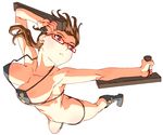  bad_id bad_twitter_id bikini boots breasts brown_hair butt_crack copyright_request full_body glasses holding holding_weapon knife knife_in_mouth large_breasts oono_tsutomu red-framed_eyewear simple_background solo swimsuit tonfa weapon white_background 