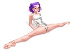  1girl barefoot brown_eyes cameltoe feet full_body glasses kyle_(kairunoburogu) legs lips looking_at_viewer nose one-piece_swimsuit original purple_eyes purple_hair short_twintails small_breasts soles solo split spread_legs swimsuit toe_scrunch toes twintails white_background 