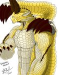  2015 anthro black_sclera capcom claws dragon elder_dragon english_text horn ignitedstar looking_at_viewer male monster_hunter muscles nude plain_background red_eyes scalie shagaru_magala slit_pupils solo text video_games white_background white_scales yellow_scales 