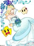  ^_^ bare_shoulders blonde_hair blue_dress blue_wedding_dress blush_stickers bouquet bow bowtie breasts bridal_gauntlets bridal_veil chiko_(mario) closed_eyes crown dress earrings elbow_gloves flower gloves hair_flower hair_ornament hair_over_one_eye jewelry long_dress long_hair mario_(series) medium_breasts open_mouth ribbon rosetta_(mario) smile star star-shaped_pupils star_print super_mario_bros. super_mario_galaxy symbol-shaped_pupils veil wedding wedding_dress 