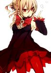  bad_id bad_pixiv_id bare_shoulders blonde_hair curly_hair detached_sleeves dress fantasy_earth_zero gradient_dress hair_between_eyes k_(li) long_hair looking_to_the_side open_mouth ponytail purple_dress red_dress red_eyes red_legwear solo 