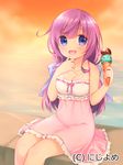  :d blue_eyes breasts cleavage dress food ice_cream long_hair medium_breasts open_mouth pink_dress purple_hair ribbon-trimmed_clothes ribbon_trim smile solo usashiro_mani valhalla_valkyries 