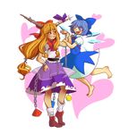  2girls barefoot blue_dress blue_eyes bow chains cirno clinging couple dress floating hair_bow hand_on_hip heart highres horns ibuki_suika ice ice_wings kia_(tumblr) long_hair low-tied_long_hair multiple_girls muscle open_mouth orange_hair red_eyes simple_background sleeveless smile smirk sparkling_eyes touhou transparent_background wings yuri 