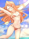  arms_up bikini brown_hair closed_eyes golden_time kaga_kouko long_hair masapeko open_mouth solo swimsuit 