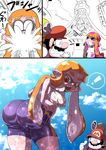  &gt;_&lt; 1boy 1girl 3koma :o ^_^ ass bent_over bike_shorts black_hair breasts closed_eyes cloud cloudy_sky comic crossover crying day domino_mask f.l.u.d.d. facial_hair fang from_behind grin hat highres huge_ass inkling kiwa_(pokemonwars) mario mario_(series) mask motion_lines mustache open_mouth orange_eyes orange_hair paint_stains parody pointy_ears shiny shiny_clothes shirt sky small_breasts smile splatoon_(series) splatoon_1 spoken_exclamation_mark style_parody super_mario-kun super_mario_bros. super_mario_sunshine tentacle_hair thumbs_up tower water wet wet_clothes white_shirt 