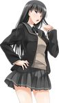  amagami ayatsuji_tsukasa black_eyes black_hair black_skirt extraction from_below hand_on_hip jacket long_hair open_mouth pleated_skirt skirt solo transparent_background 
