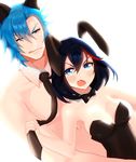  1boy 1girl animal_ears black_hair blue_eyes blue_hair bow bowtie breasts bunny_ears bunny_girl bunnysuit cleavage detached_collar fang kill_la_kill leotard licking_lips matoi_ryuuko mikisugi_aikurou mingou91 multicolored_hair necktie shirtless short_hair simple_background strapless streaked_hair tongue tongue_out topless transparent_background 