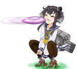  afterimage black_hair brown_legwear dress frisbee grass hat in_the_face kantai_collection mini_hat multicolored_hair one_eye_closed pantyhose parody sailor_dress short_hair_with_long_locks silver_hair solo squatting tokitsukaze_(kantai_collection) two-tone_hair watanore 