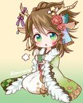  animal_ears antlers bell brown_hair coat cup deer_ears facial_tattoo flower fur_trim green_eyes hair_flower hair_ornament hair_up horn_ribbon horns japanese_clothes jingle_bell kano_(p&amp;d) kimono looking_at_viewer marshmallow_mille puzzle_&amp;_dragons ribbon seiza sitting solo sparkling_eyes star star_hair_ornament tattoo teacup twitter_username 