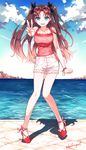  black_hair blue_eyes byulrorqual fate/stay_night fate_(series) full_body hair_ribbon heart heart-shaped_eyewear highres long_hair long_legs looking_at_viewer ribbon shorts smile solo striped toosaka_rin two_side_up v 