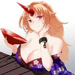  alcohol bare_shoulders blonde_hair breast_rest breasts chain cleavage cuffs cup floral_print gradient_eyes hand_on_own_cheek highres horn hoshiguma_yuugi japanese_clothes kimono large_breasts long_hair looking_at_viewer multicolored multicolored_eyes nail_polish off_shoulder red_eyes red_nails sakazuki sake sexually_suggestive smile solo spilling star star_print touhou very_long_hair x&amp;x&amp;x 