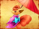  clothed_pokemon gen_1_pokemon hair_ornament hairclip holding japanese_clothes kimono multiple_tails no_humans orange_eyes pokemon pokemon_(creature) ryuma210 tail umbrella vulpix 