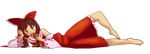  ascot bad_id bad_tumblr_id barefoot bored bow bread brown_eyes brown_hair detached_sleeves eating food full_body hair_bow hair_tubes hakurei_reimu jitome kia_(tumblr) lying on_side open_mouth solo touhou transparent_background 