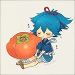  :t ayu_(mog) bad_id bad_pixiv_id bandages bitten blue_hair blush closed_eyes dated eating fish food fruit hands_on_own_knees japanese_clothes lowres male_focus oversized_object persimmon sandals sayo_samonji sitting solo tasuki touken_ranbu 