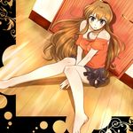  barefoot brown_eyes brown_hair casual golden_time kaga_kouko long_hair long_legs masapeko sitting solo 