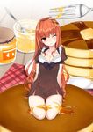  amo_(rnrkrn) breasts butter cleavage dress food fork highres in_food knife large_breasts long_hair minigirl orange_hair original pancake puffy_short_sleeves puffy_sleeves red_eyes short_sleeves solo syrup 