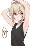  ? ahoge androgynous armpits arms_up blonde_hair erubo male_focus original red_eyes simple_background solo spoken_question_mark white_background 
