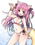  :d animal_ears beads bikini bow bracelet breasts cat_ears cat_tail choker cleavage hair_bow innertube jewelry large_breasts long_hair looking_at_viewer mauve navel necklace open_mouth original pink_hair red_eyes side-tie_bikini sketch smile solo striped striped_bikini swimsuit tail two_side_up 