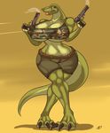  anthro belt breasts camo claws clothing dinosaur female green_skin gun handgun holding holding_weapon midriff pistol ranged_weapon scalie smoking solo theropod toe_claws tyrannosuarus_rex weapon zp92 