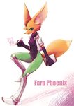  anthro arwing black_nose bodysuit brown_fur canine clothing english_text fara_phoenix female fennec fox fur gloves green_eyes headset jacket long_ears mammal nintendo plain_background skinsuit smile solo star_fox text unknown_artist video_games white_fur 