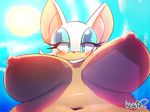  2015 anthro areola bat big_breasts big_ears black_nose blue_eyes blush breasts cloudscape erect_nipples female ken17 looking_at_viewer looking_down mammal navel nipples rouge_the_bat sky smile solo sonic_(series) sun under_boob 