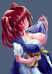 bad_id bad_pixiv_id blue_background blue_dress breasts clenched_teeth collarbone dress eyelashes from_above hair_bobbles hair_ornament half-closed_eye hand_on_hip highres large_breasts looking_at_viewer marubororaito naughty_face nipples onozuka_komachi red_eyes red_hair red_pupils shirt_lift short_hair simple_background slit_pupils smile solo sweat teeth touhou two_side_up 