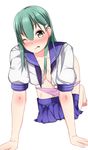  bad_id bad_pixiv_id blush breasts breasts_apart green_eyes green_hair highres kantai_collection large_breasts long_hair looking_at_viewer school_uniform skirt skirt_pull solo suzuya_(kantai_collection) underwear undressing zeroyama 