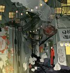  alley black_hair bucket chinese_clothes floral_background hair_ornament lantern light_bulb looking_at_viewer omiomi_kekyu original plant short_hair sleeves_past_wrists solo steam trash vines 