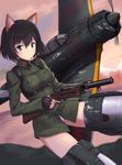  a9b_(louis814) aircraft airplane animal_ears black_hair commentary_request fingerless_gloves gloves grey_eyes gun highres katou_takeko ki-43_hayabusa looking_at_viewer military military_uniform military_vehicle mp18 short_hair smile solo striker_unit submachine_gun uniform weapon world_witches_series 