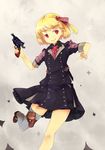  alternate_costume ascot blonde_hair gun hair_ribbon handgun highres holster leg_lift military military_uniform murani red_eyes revolver ribbon rumia solo thigh_holster touhou uniform weapon 