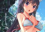  animal_ears between_breasts bikini black_hair breasts fox_ears hair_ornament hairclip hand_between_breasts kakuno long_hair looking_at_viewer open_mouth original palm_tree purple_eyes solo swimsuit teeth tree wet 